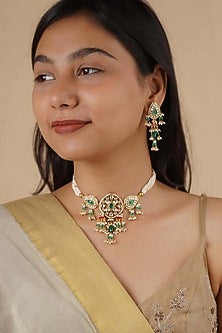 Gold Plated Uncut Polki & Beaded Jadau Choker Necklace Set