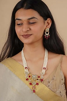 Gold Plated Uncut Polki & Beaded Jadau Long Necklace Set