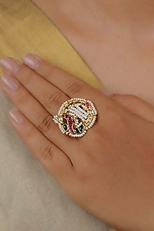 Gold Plated Uncut Polki & Beaded Jadau Ring
