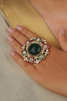 Gold Plated Uncut Polki & Beaded Jadau Ring