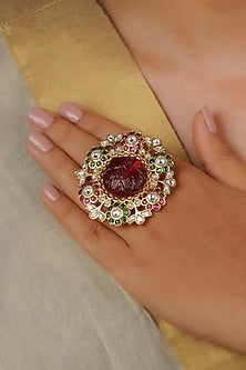 Gold Plated Uncut Polki & Beaded Jadau Ring
