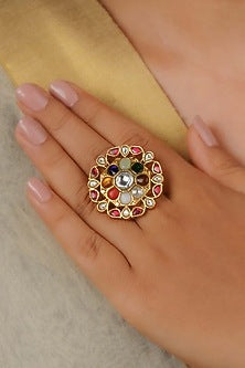 Gold Plated Uncut Polki & Beaded Jadau Ring