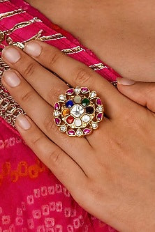 Gold Plated Uncut Polki & Beaded Jadau Ring