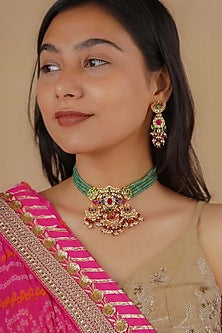 Gold Plated Uncut Polki & Beaded Jadau Choker Necklace Set