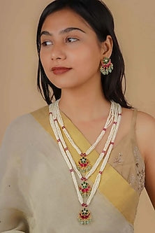 Gold Plated Uncut Polki & Beaded Jadau Layered Necklace Set