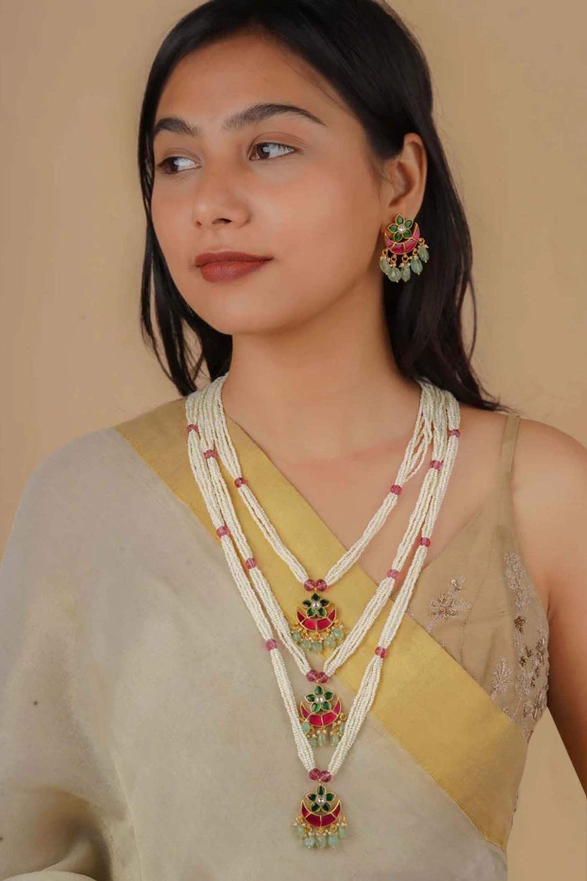 Gold Plated Uncut Polki & Beaded Jadau Layered Necklace Set