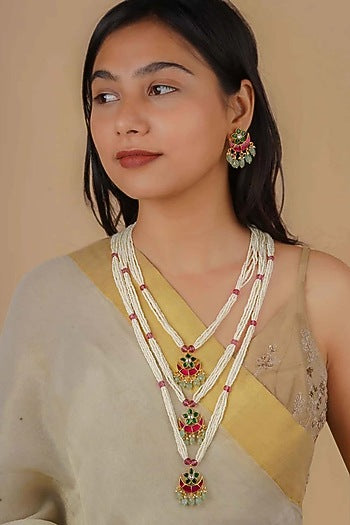 Gold Plated Uncut Polki & Beaded Jadau Layered Necklace Set