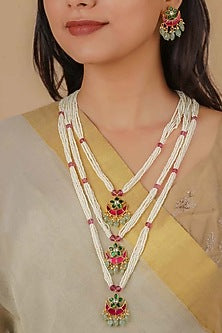 Gold Plated Uncut Polki & Beaded Jadau Layered Necklace Set