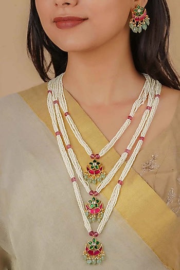 Gold Plated Uncut Polki & Beaded Jadau Layered Necklace Set