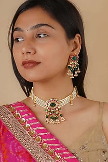 Gold Plated Uncut Polki & Beaded Jadau Choker Necklace Set