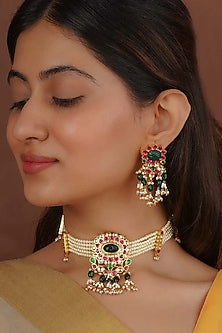 Gold Plated Uncut Polki & Beaded Jadau Choker Necklace Set