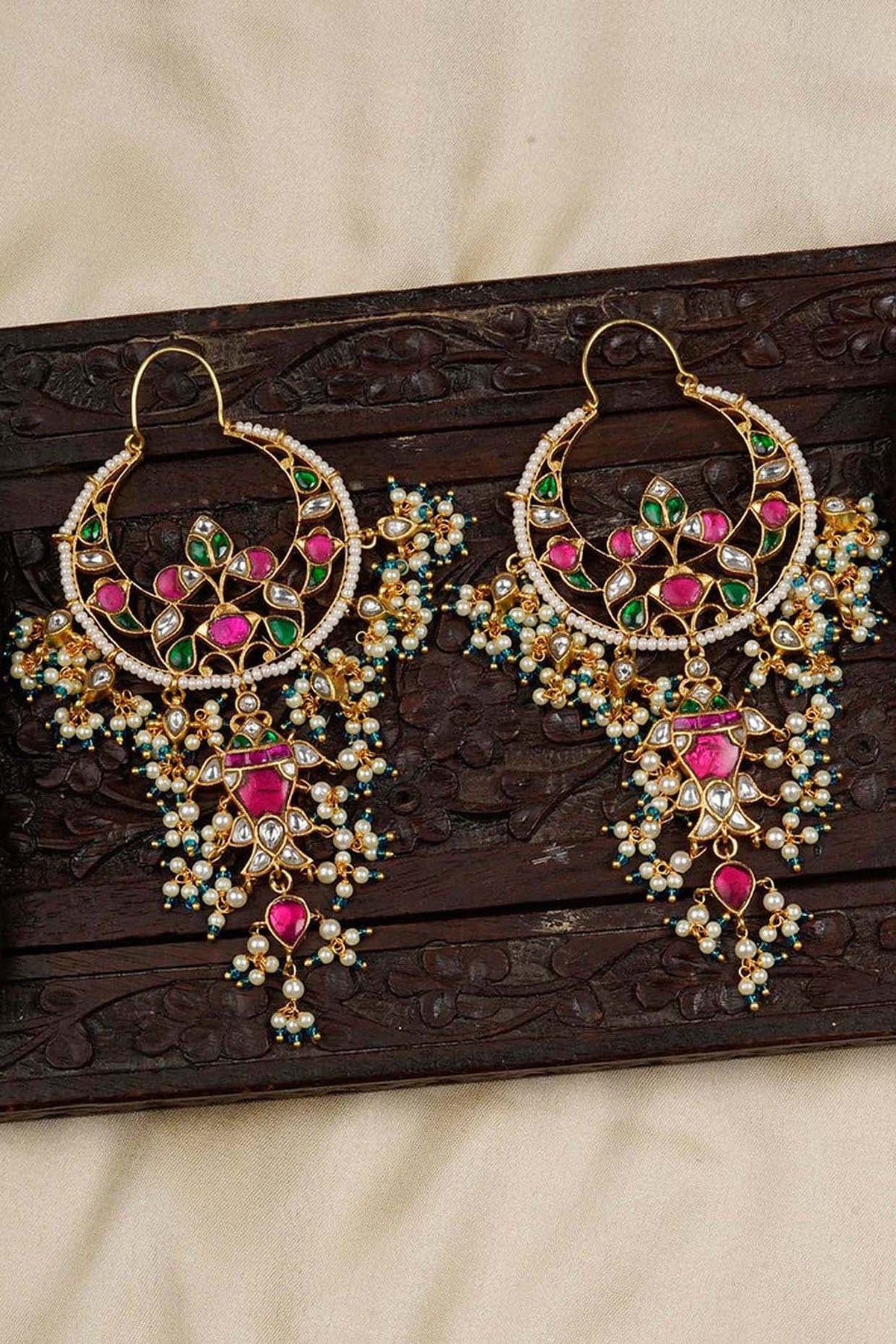Gold Plated Uncut Polki & Beaded Jadau Dangler Earrings