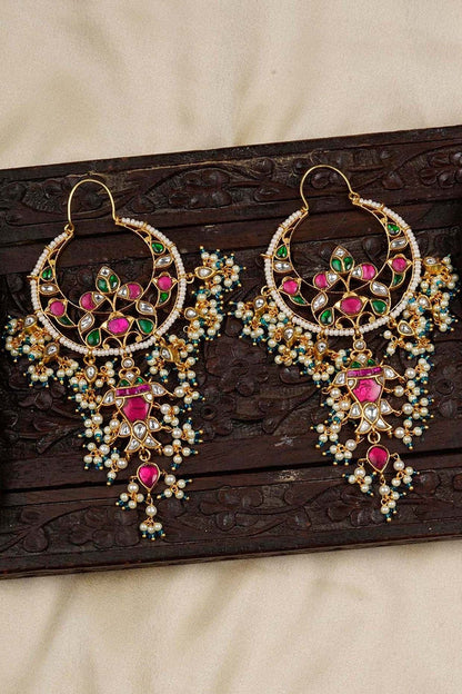 Gold Plated Uncut Polki & Beaded Jadau Dangler Earrings