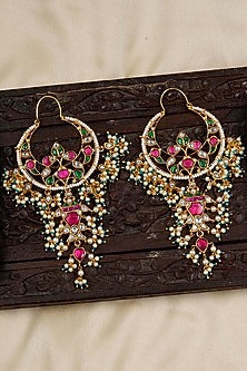 Gold Plated Uncut Polki & Beaded Jadau Dangler Earrings