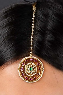 Gold Plated Uncut Polki & Beaded Jadau Maangtikka