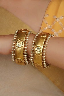 Gold Plated Uncut Polki & Beaded Jadau Bangles (Set Of 2)