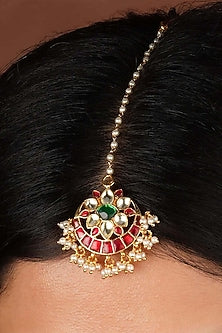 Gold Plated Uncut Polki & Beaded Jadau Maangtikka