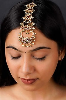 Gold Plated Uncut Polki & Beaded Jadau Maangtikka