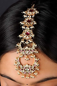 Gold Plated Uncut Polki & Beaded Jadau Maangtikka