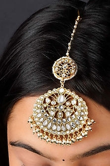 Gold Plated Uncut Polki & Beaded Jadau Maangtikka