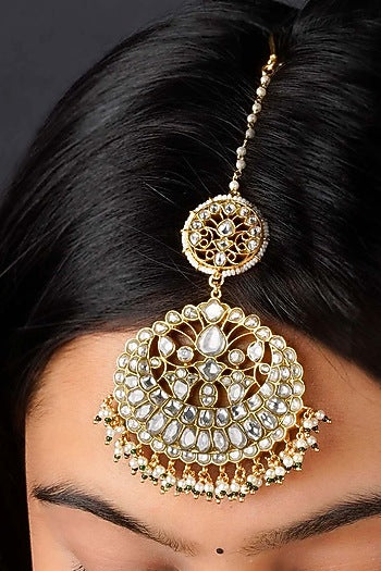 Gold Plated Uncut Polki & Beaded Jadau Maangtikka