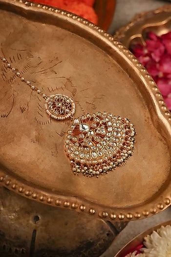 Gold Plated Uncut Polki & Beaded Jadau Maangtikka