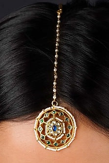 Gold Plated Uncut Polki & Beaded Jadau Maangtikka
