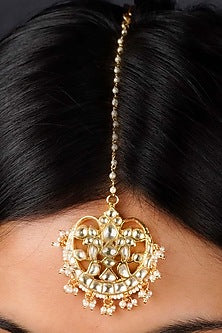 Gold Plated Uncut Polki & Beaded Jadau Maangtikka