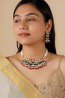 Gold Plated Uncut Polki & Beaded Jadau Choker Necklace Set