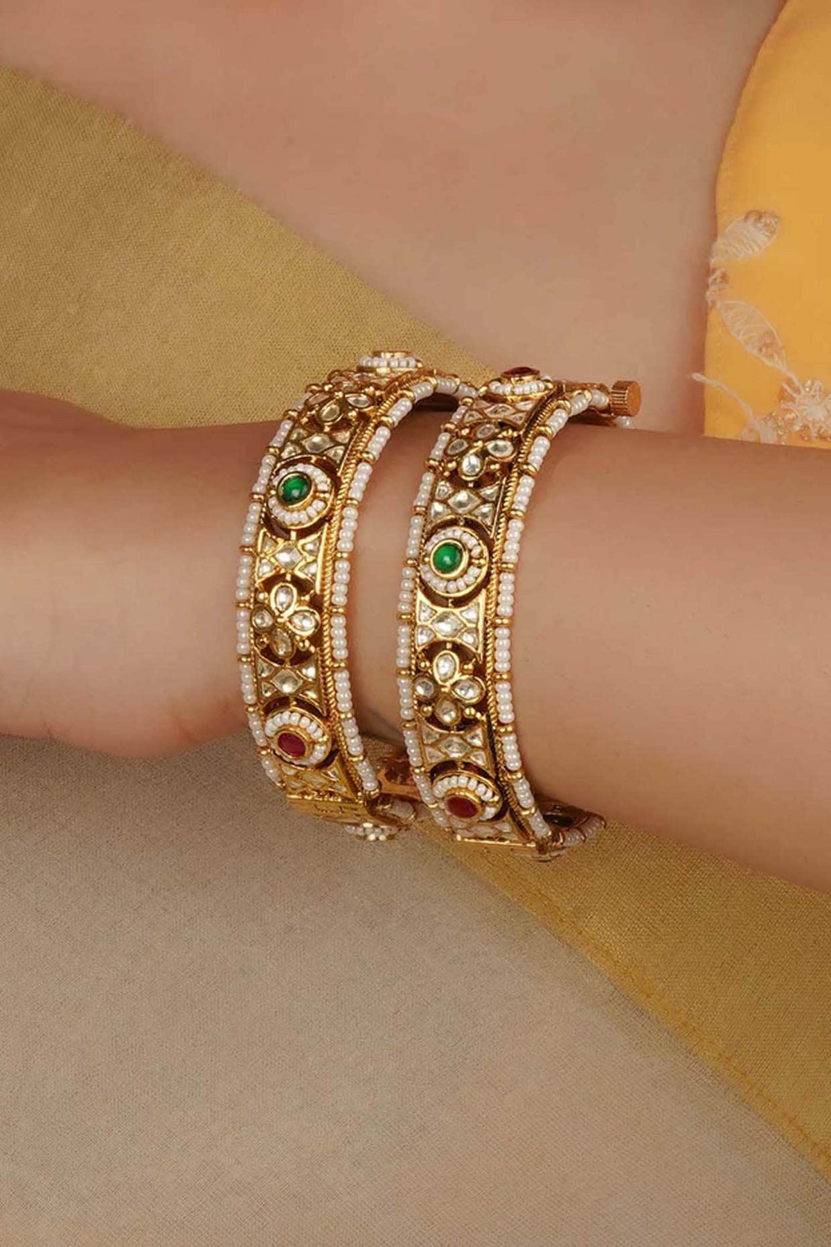 Gold Plated Uncut Polki & Beaded Jadau Bangles (Set Of 2)
