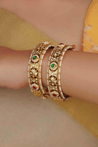 Gold Plated Uncut Polki & Beaded Jadau Bangles (Set Of 2)
