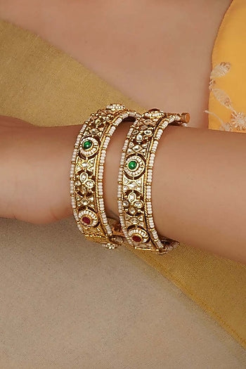 Gold Plated Uncut Polki & Beaded Jadau Bangles (Set Of 2)