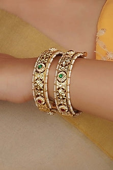 Gold Plated Uncut Polki & Beaded Jadau Bangles (Set Of 2)