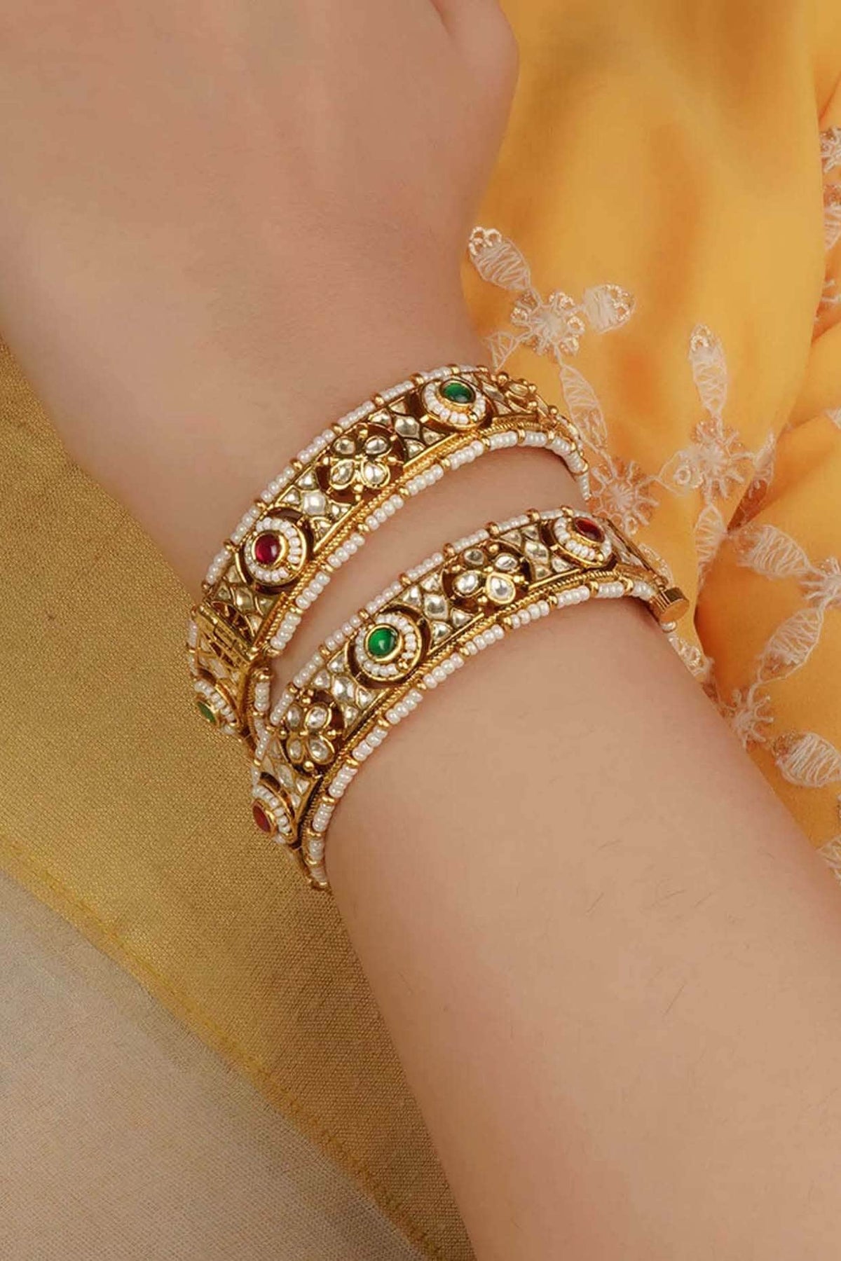 Gold Plated Uncut Polki & Beaded Jadau Bangles (Set Of 2)