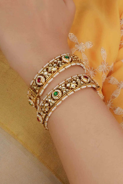 Gold Plated Uncut Polki & Beaded Jadau Bangles (Set Of 2)