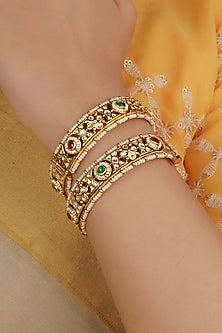 Gold Plated Uncut Polki & Beaded Jadau Bangles (Set Of 2)