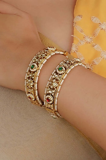 Gold Plated Uncut Polki & Beaded Jadau Bangles (Set Of 2)
