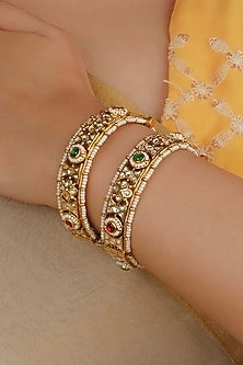 Gold Plated Uncut Polki & Beaded Jadau Bangles (Set Of 2)