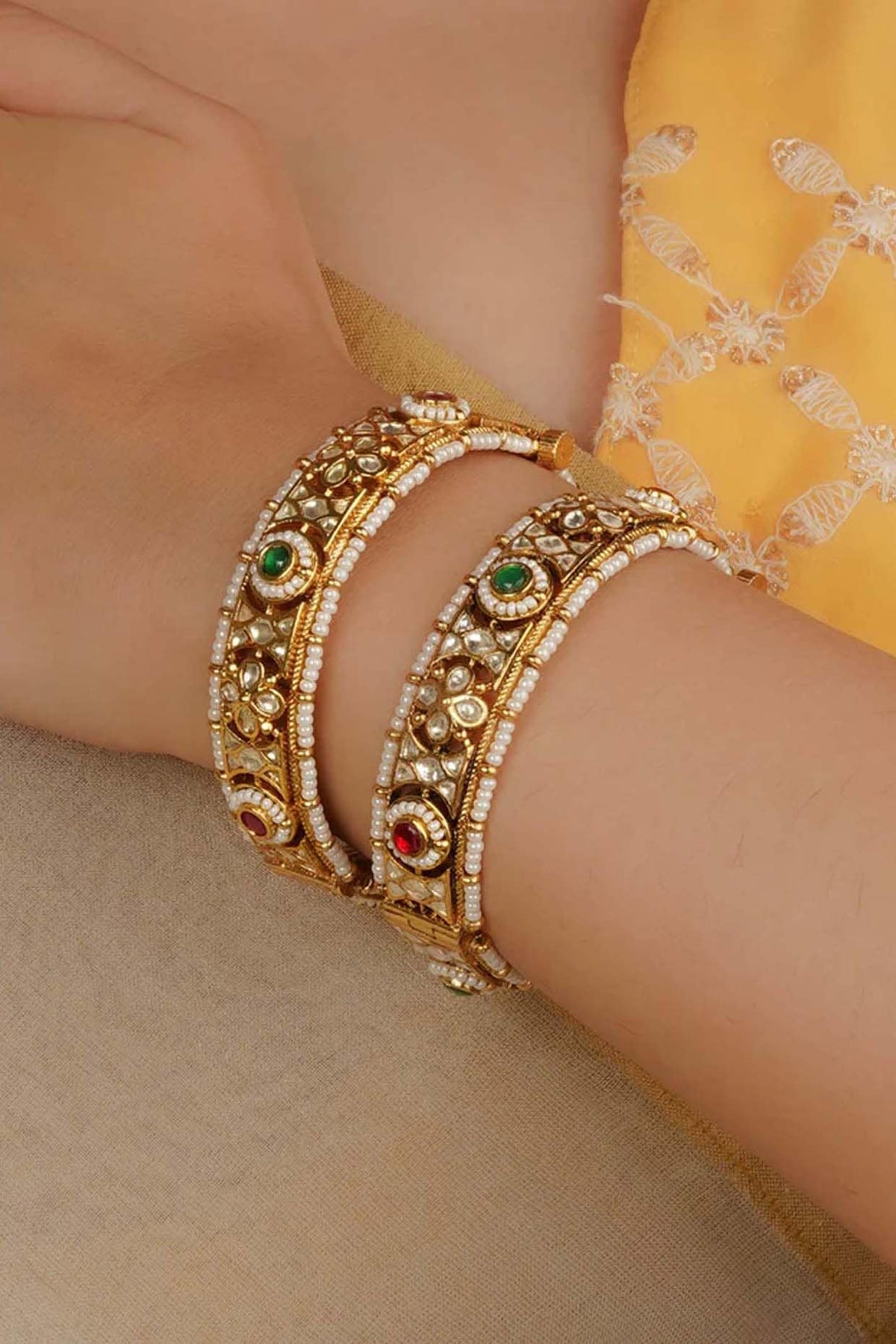 Gold Plated Uncut Polki & Beaded Jadau Bangles (Set Of 2)