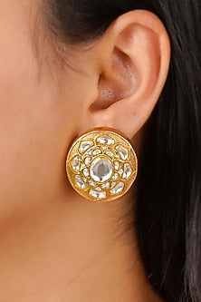 Gold Plated Uncut Polki & Beaded Jadau Stud Earrings