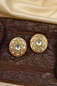 Gold Plated Uncut Polki & Beaded Jadau Stud Earrings