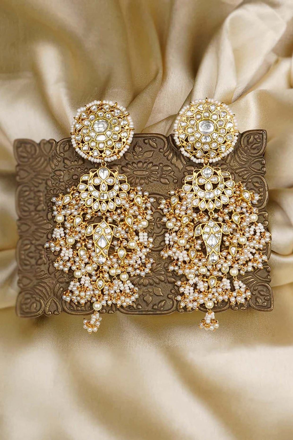 Gold Plated Uncut Polki & Beaded Jadau Dangler Earrings