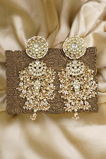 Gold Plated Uncut Polki & Beaded Jadau Dangler Earrings