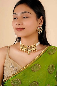 Gold Plated Uncut Polki & Beaded Jadau Choker Necklace Set