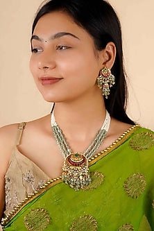 Gold Plated Uncut Polki & Beaded Jadau Necklace Set
