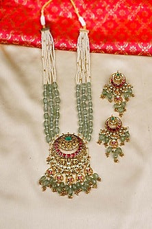 Gold Plated Uncut Polki & Beaded Jadau Necklace Set