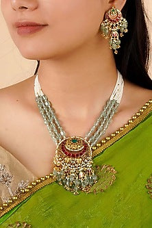 Gold Plated Uncut Polki & Beaded Jadau Necklace Set