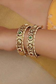 Gold Plated Uncut Polki & Beaded Jadau Bangles (Set Of 2)