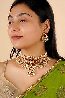 Gold Plated Uncut Polki & Beaded Jadau Choker Necklace Set