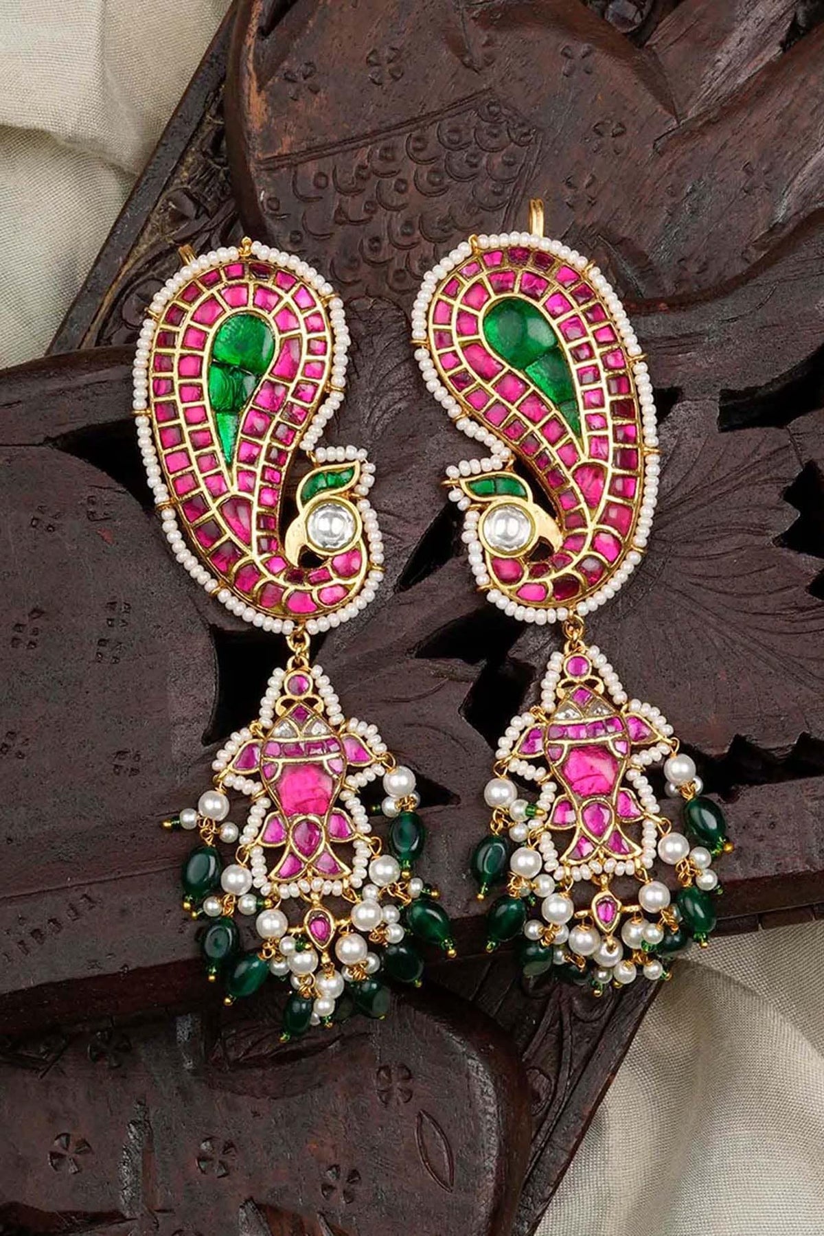 Gold Plated Uncut Polki & Beaded Jadau Dangler Earrings
